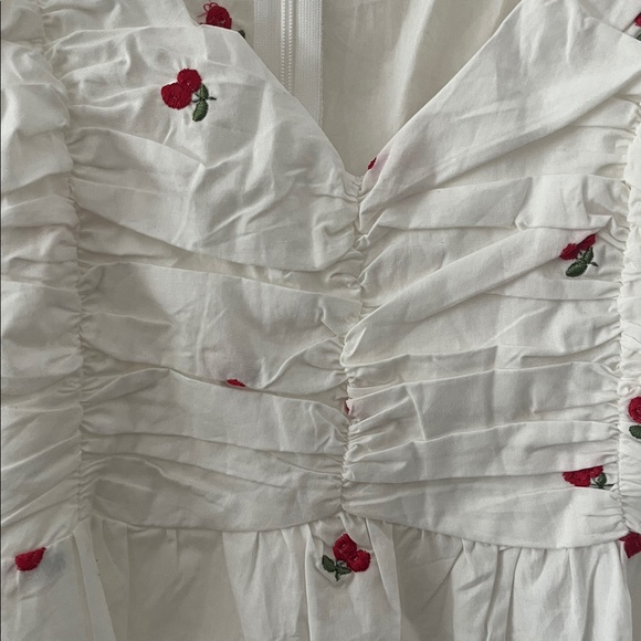 Cider Cherry Embroidery Mini Dress Women's Large Puff Sleeves Twee Cottagecore - Picture 4 of 8